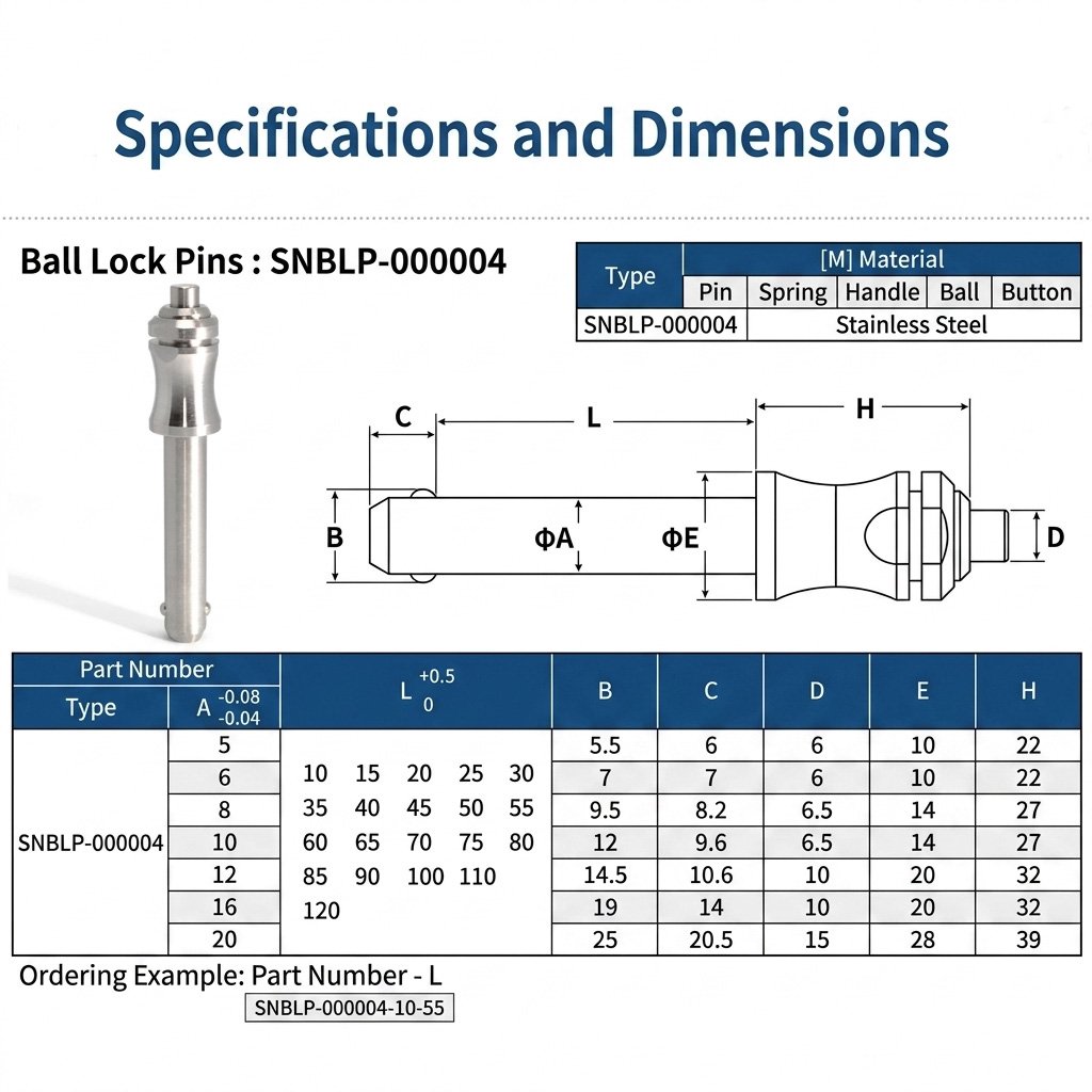 Push button ball lock pin SNBLP-000004 specifications table