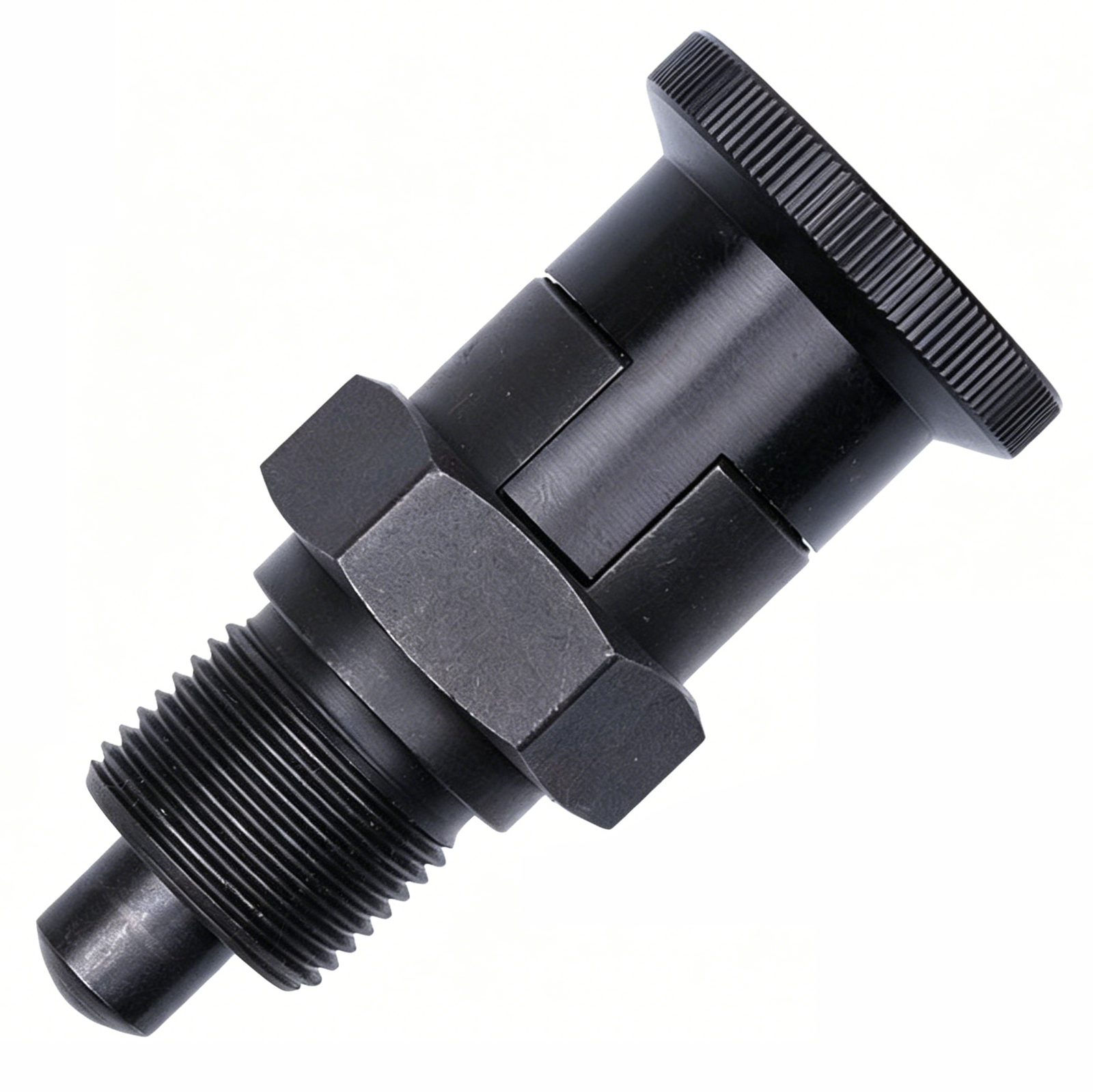 Close-up view of stainless steel and carbon steel indexing plungers for machinery positioning
