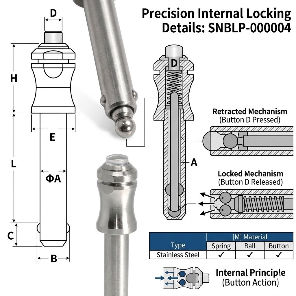 SinoBolt SNBLP-000004 stainless steel ball lock pins engineering drawing and metric specifications table