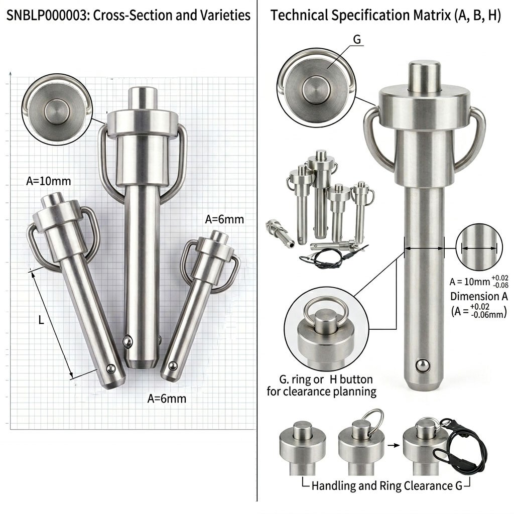 Stainless steel detent pin with anti-loss wire lanyard showing button actuator mechanism