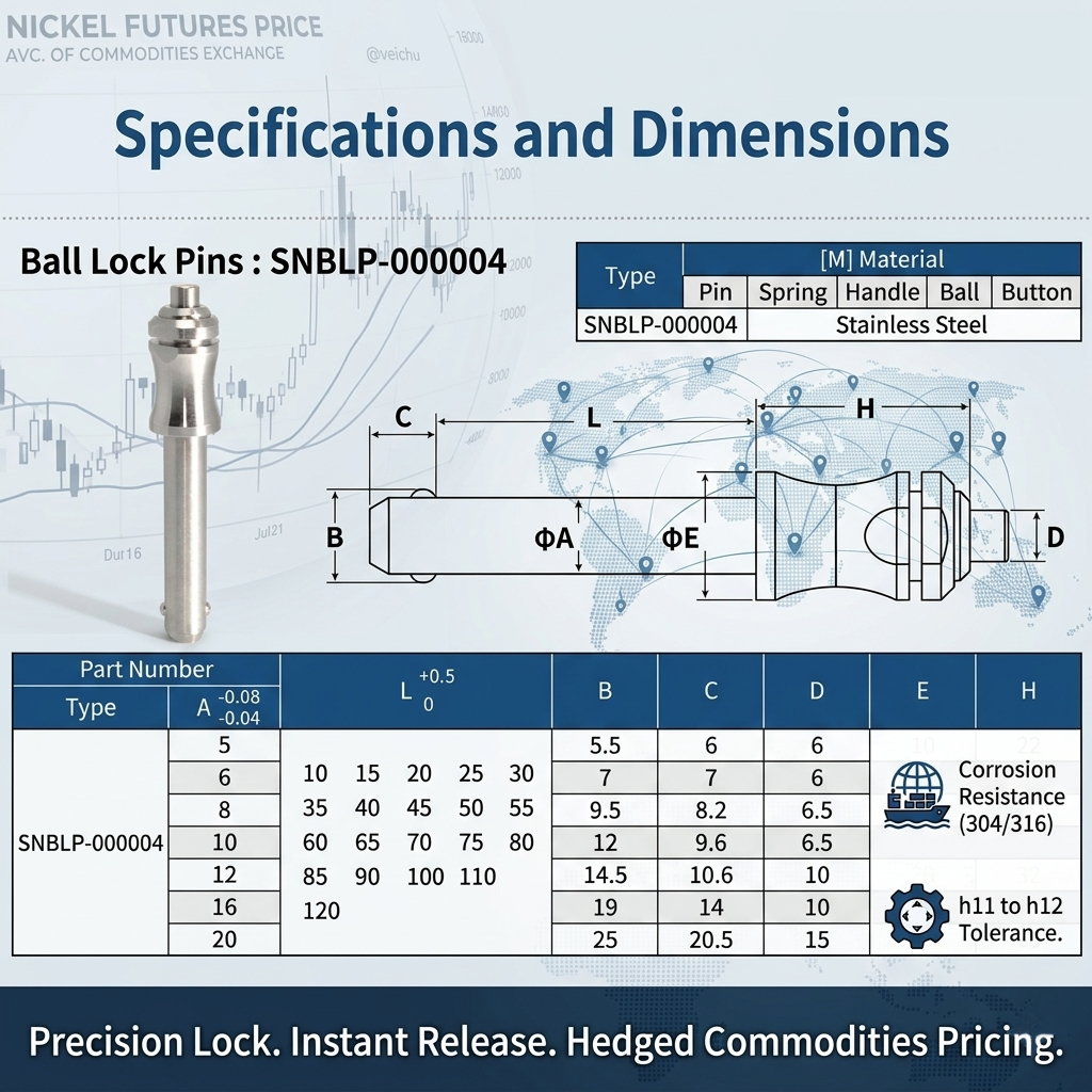 SinoBolt SNBLP-000004 stainless steel ball lock pins engineering drawing and metric specifications table