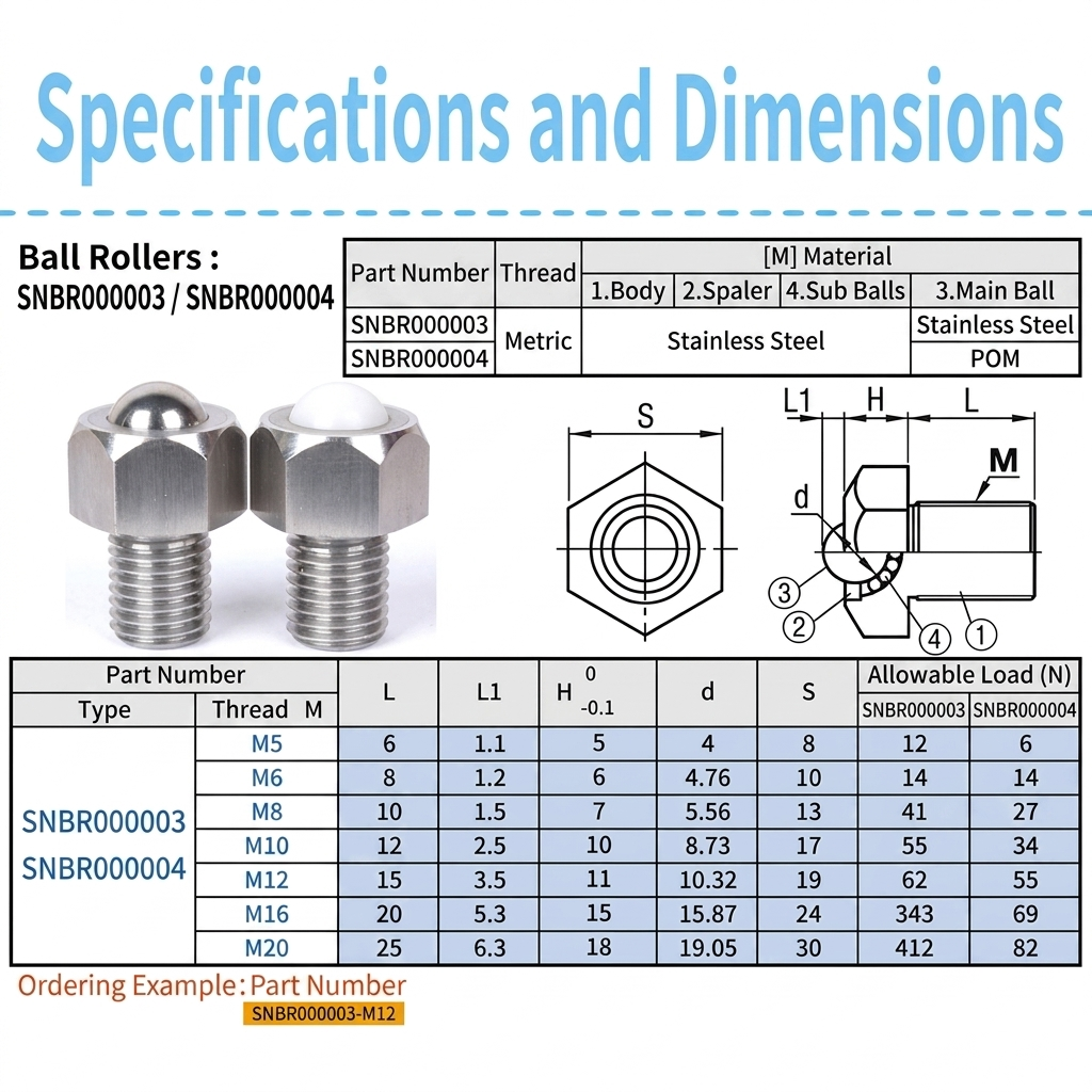 Ball Rollers Specifications and Dimensions for SNBR000003 and SNBR000004 including technical details and diagrams