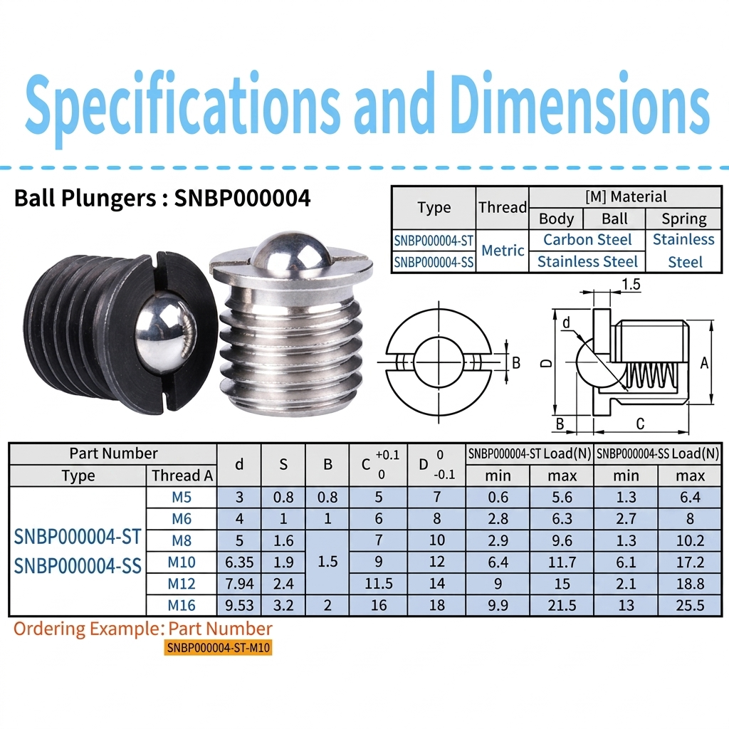 sinoboltco SNBP000004 ball spring plunger dimensions and load specifications chart M5-M16