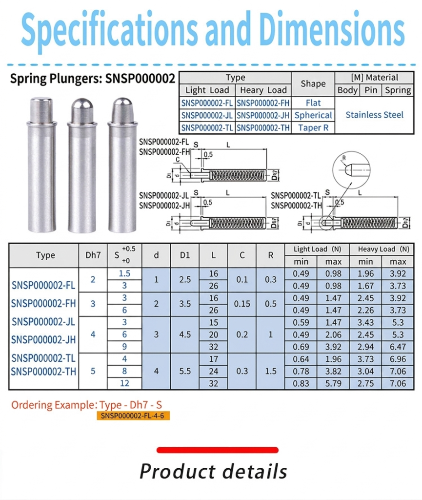 Corrosion resistant spring loaded pins SNSP000002 for industrial machinery fixtures