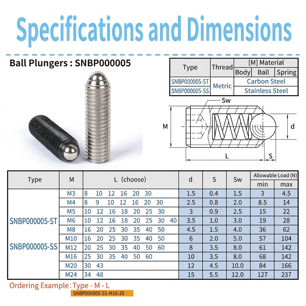 Technical specifications and dimensions chart for sinoboltco SNBP000005 metric ball plungers, featuring standard sizes M3 to M24, carbon steel and stainless steel material data, and engineering drawings.