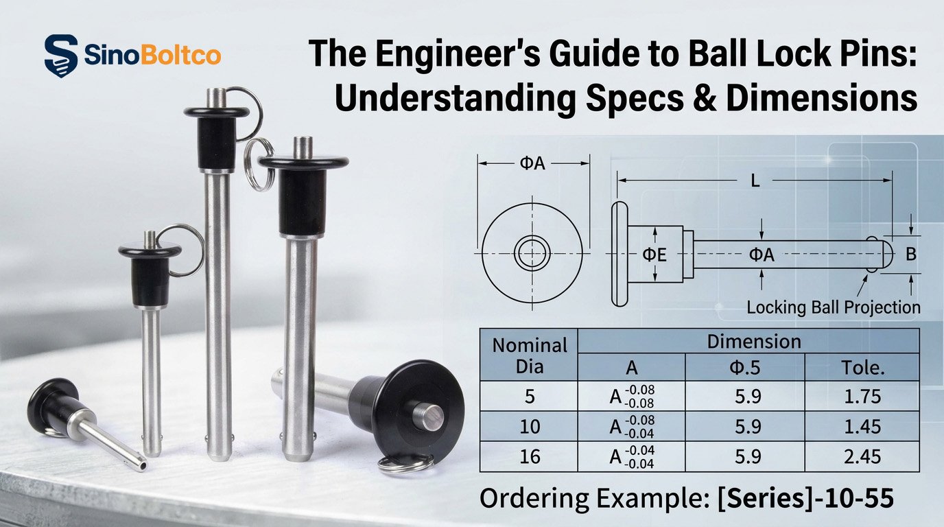 Sinobolt stainless steel quick release ball lock pins in various sizes and grip lengths.