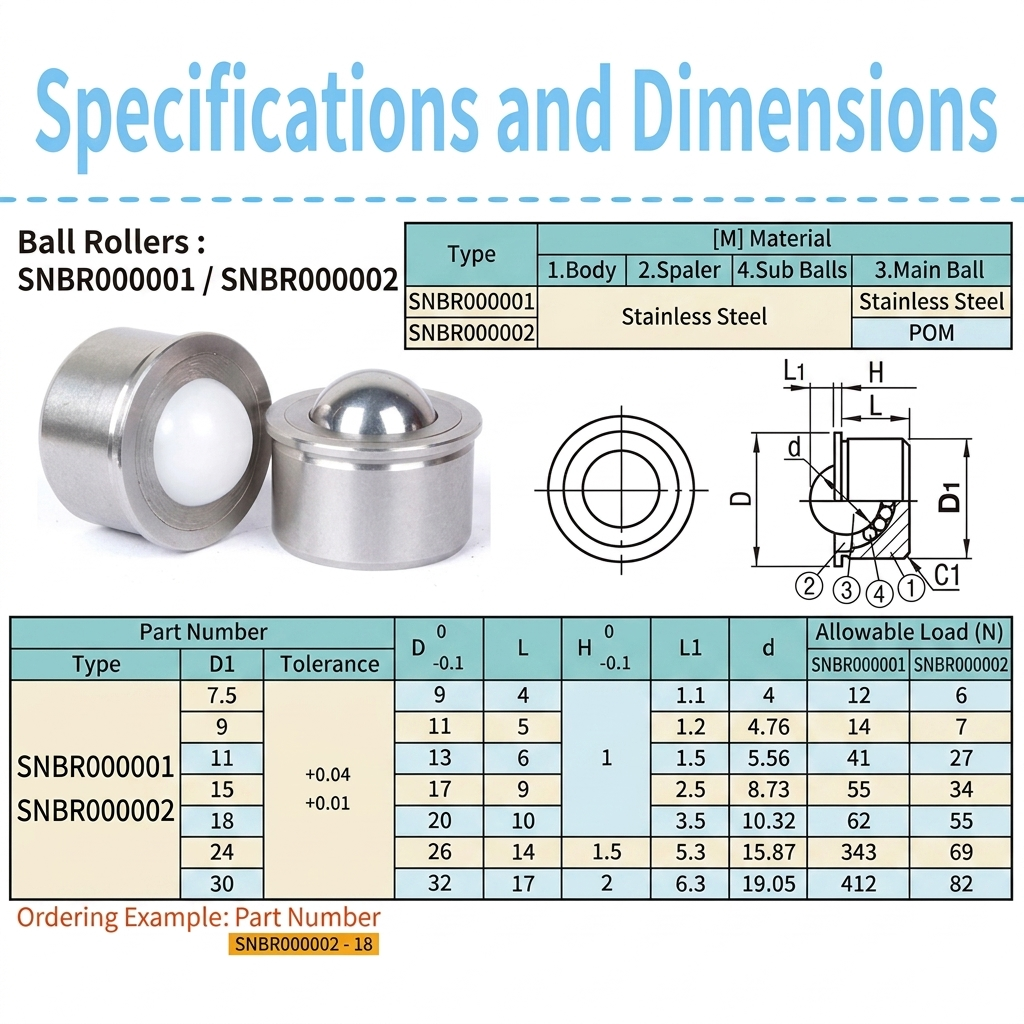 A comprehensive technical specifications chart for ball rollers, detailing models SNBR000001 and SNBR000002. It features annotated product photos, precise 2D cross-section and top-down drawings, a material list, and a detailed data table with multiple sizes, dimensions, tolerances, and allowable loads.