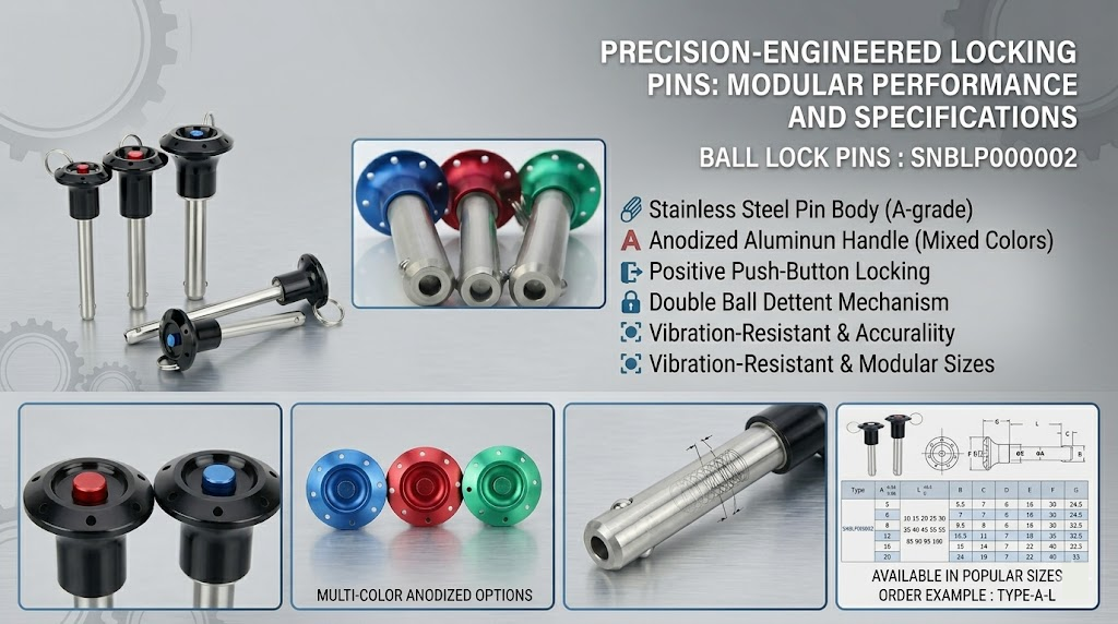 Stainless steel double ball lock pin with ergonomic T-handle for industrial use.