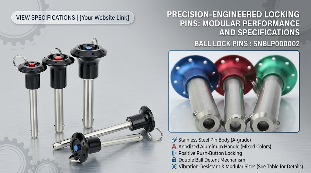 Stainless steel double ball lock pin with ergonomic T-handle for industrial use.