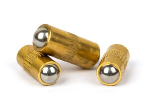 Close up product shot of sinoboltco SNBP000003 center knurled brass spring loaded locating pin