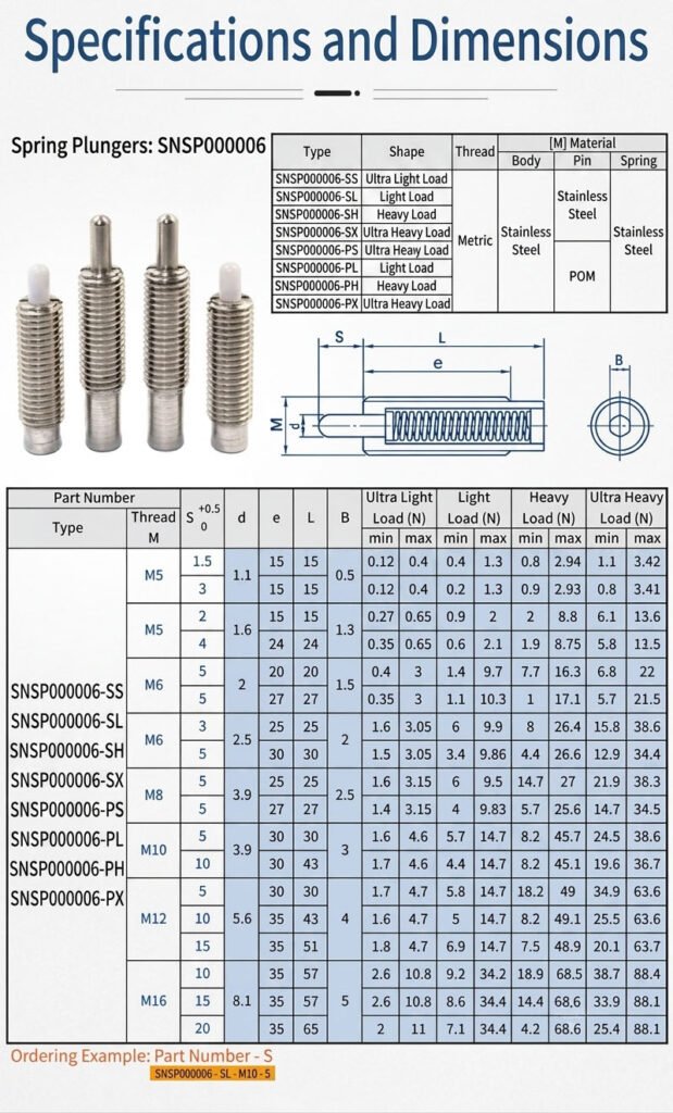 Technical engineering blueprint showing dimensions L, e, S, d, and B for snsp000006 spring plunger