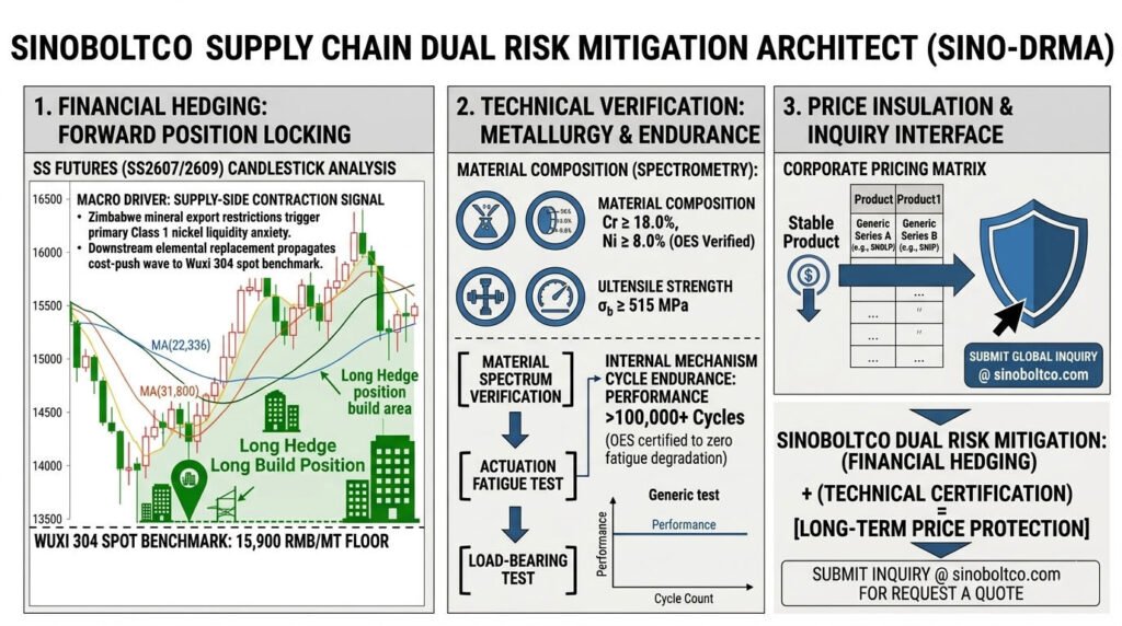 Sinoboltco Dual Risk Mitigation Framework Infographic - Comprehensive Workflow Mapping Stainless Steel Futures Market Candlestick Trend, Metallurgical Quality Control Verification for Chrome and Nickel Ratios, and Corporate Long Term Stable Price Insulation Interface via Request a Quote.