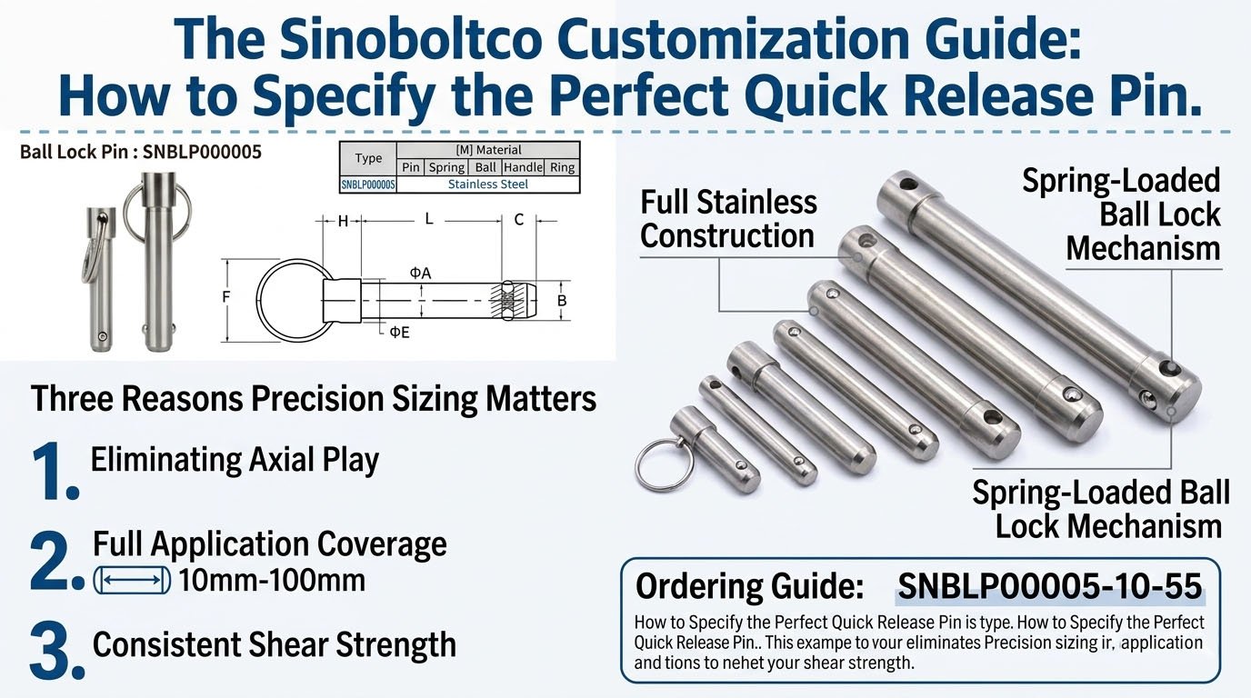 Ordering guide for SNBLP000005 precision industrial locking pins with customizable length range up to 100mm from Sinoboltco.