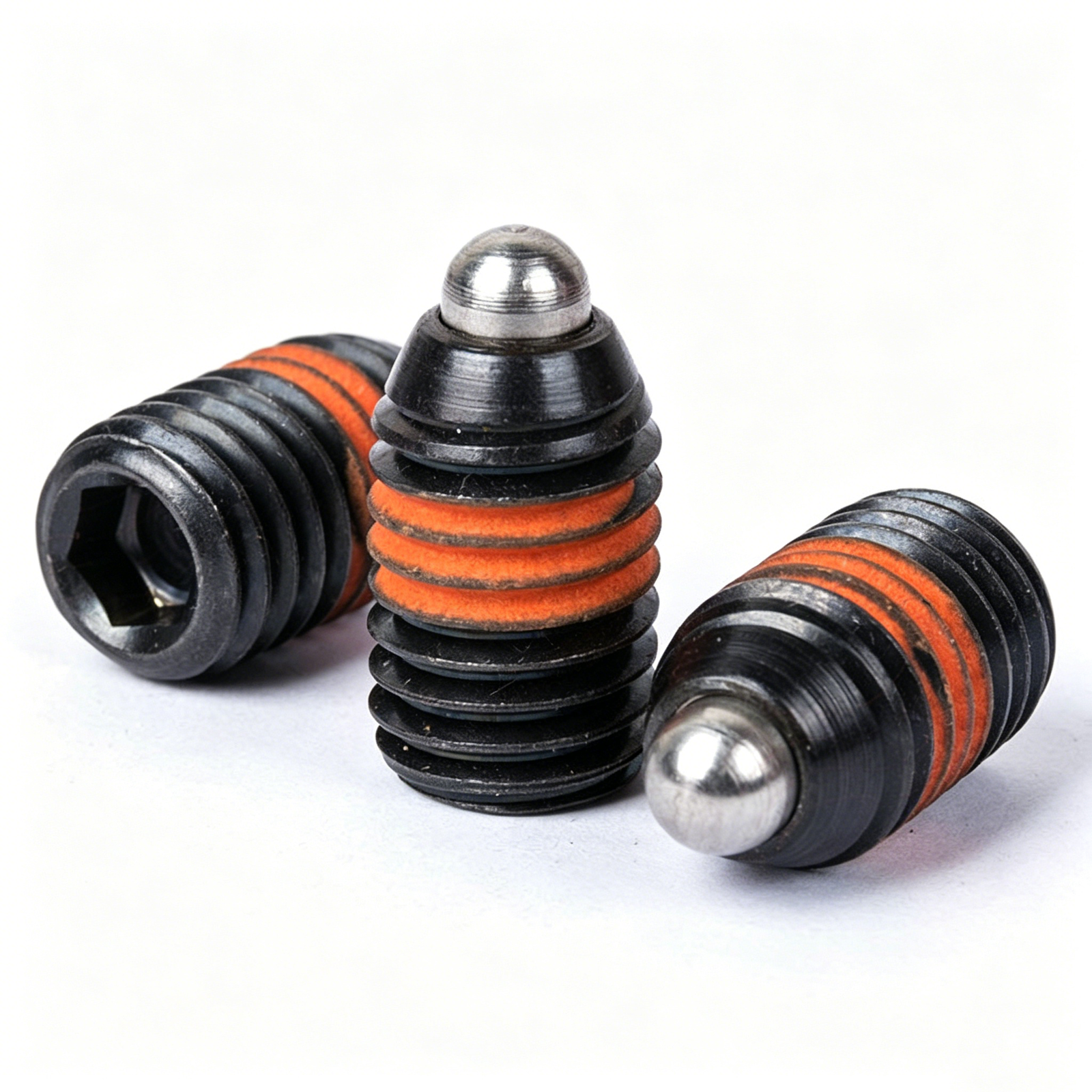 Hexagon carbon steel spring plunger SNSP000004 with high-friction orange anti-loosening coating on metric threads by sinoboltco.