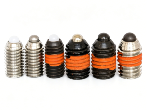 Cross-section technical diagram of sinoboltco hexagon socket spring-loaded detent plungers highlighting precise thread pitches.