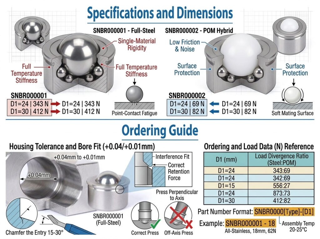 Cross-sectional comparison diagram between SNBR000001 all-stainless steel and SNBR000002 POM-hybrid ball transfer units, illustrating single-material rigidity versus low-friction characteristics alongside an engineering installation guide for housing tolerance fit (+0.04/+0.01mm) and proper perpendicular press force.