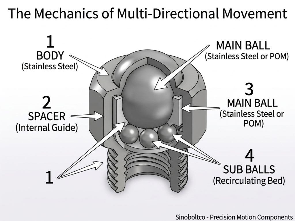 Cutaway mechanics diagram of a ball transfer unit showing body, spacer, main ball, and sub-balls