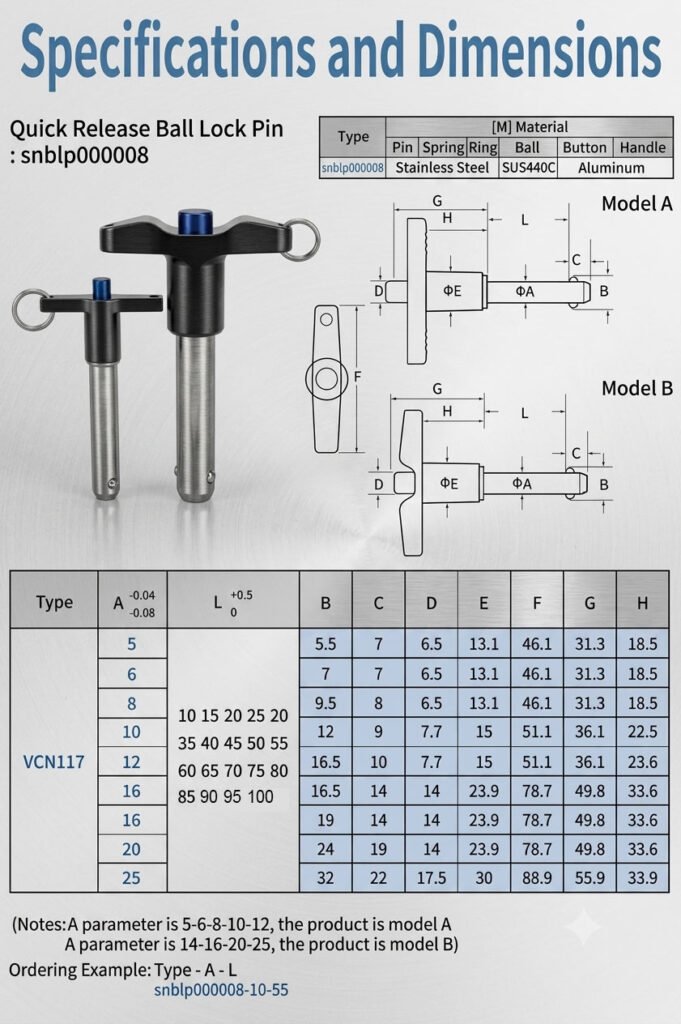 T-handle ball lock pin, quick release pin snblp000008, metric dimension chart, industrial fixture locating pin