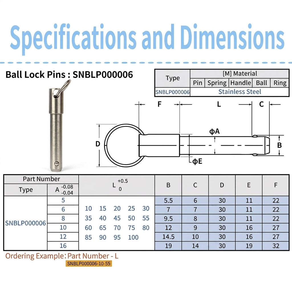 Engineering dimension drawing of sinoboltco SNBLP000006 industrial locating ball lock pin