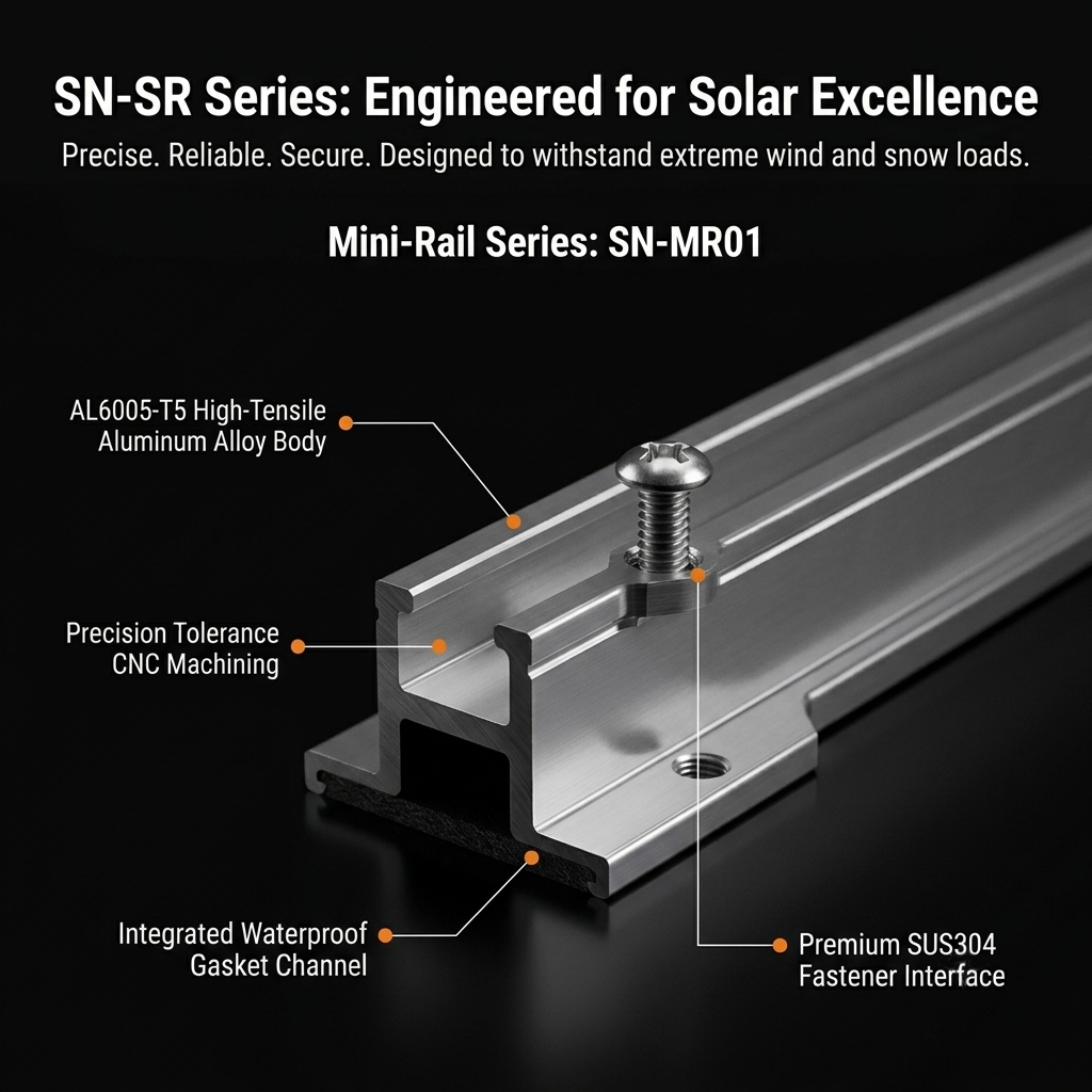 SN-MR01 solar mounting aluminum mini-rail technical deconstruction with SUS304 fastener interface and EPDM waterproof gasket