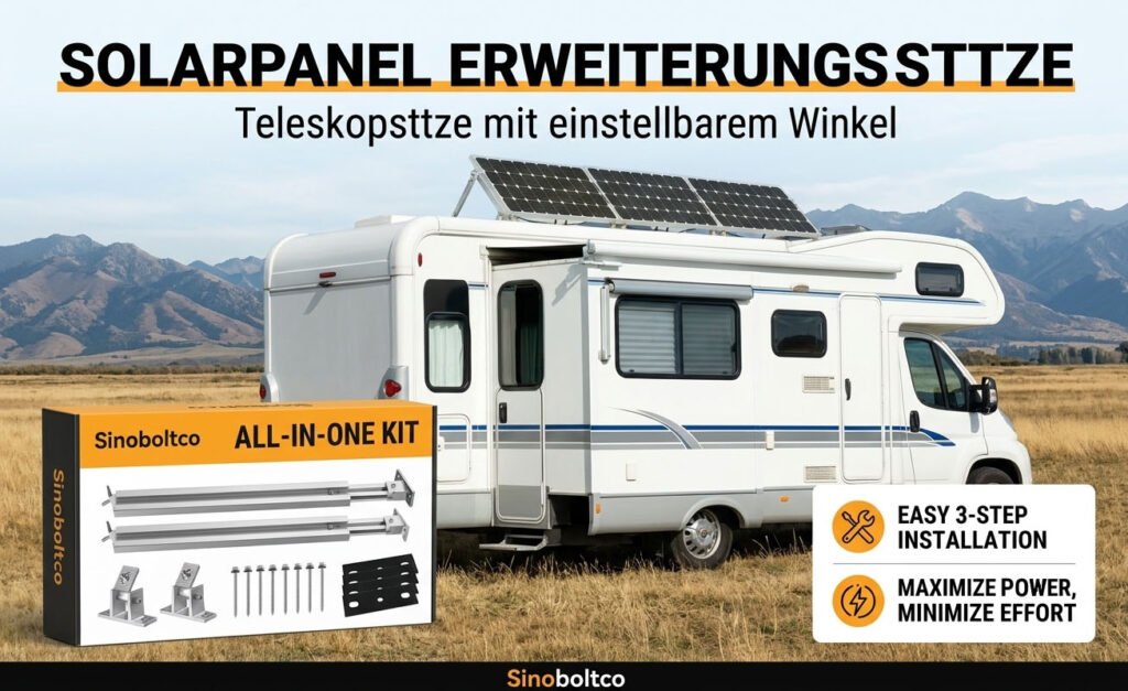 All-in-one solar panel extension mount kit installed on a white motorhome RV rooftop with telescopic brackets and adjustable hardware