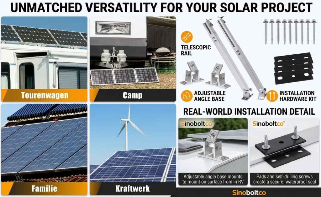 Adjustable tilt angle solar panel brackets and telescopic rails with hardware installation kit for RV, camp, and home rooftop projects