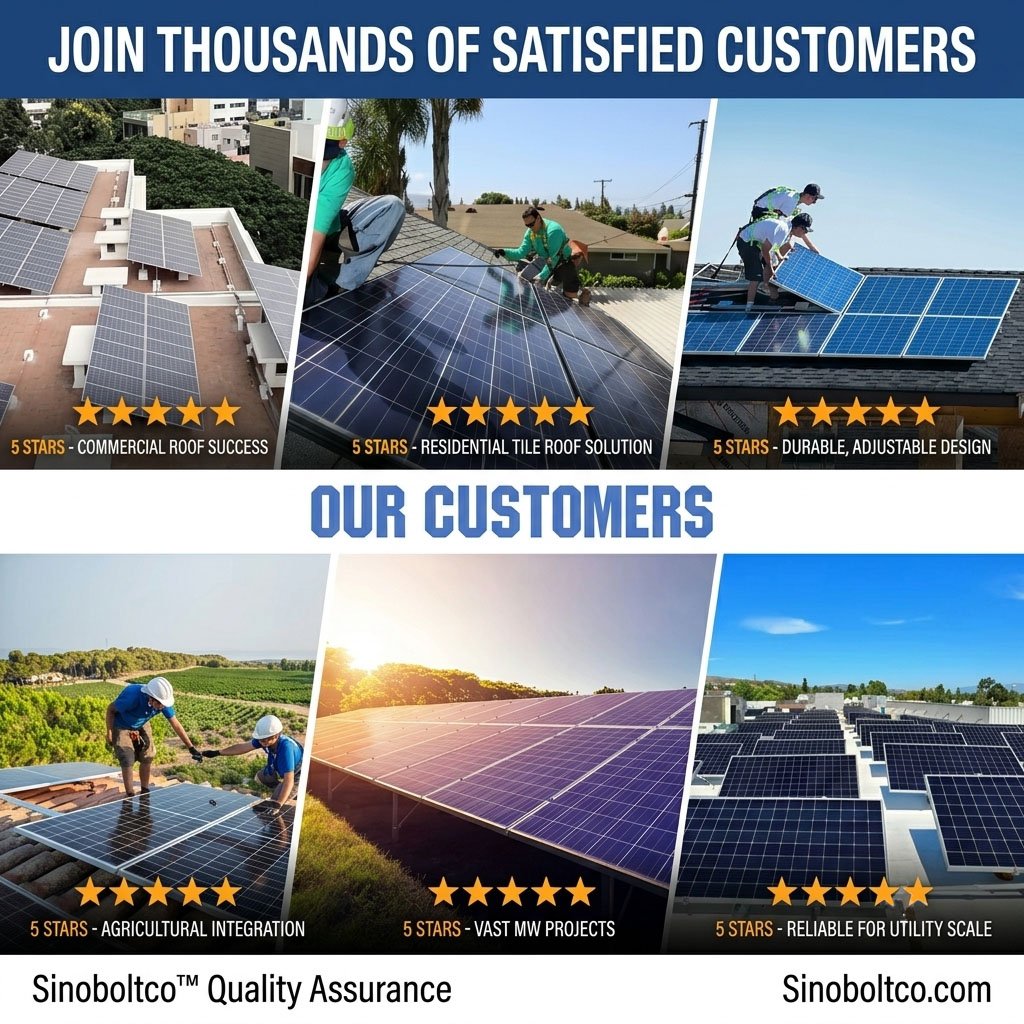 Sinoboltco customer solar installation projects showcasing commercial roof success, residential tile solutions, and reliable utility-scale solar arrays