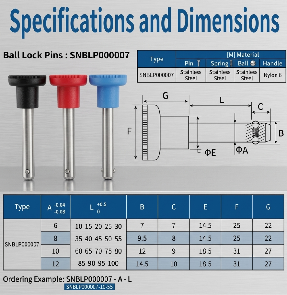 Dimension drawing for nylon head ball lock quick locating pins SNBLP000007