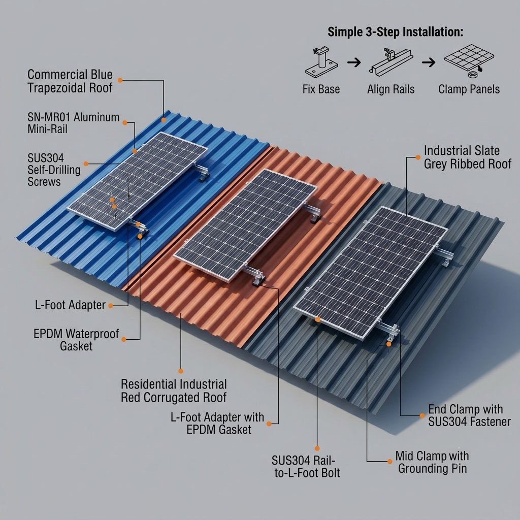 Universal solar panel mounting hardware kit showing compatibility on blue corrugated, residential red terracotta, and slate grey flat metal roofs
