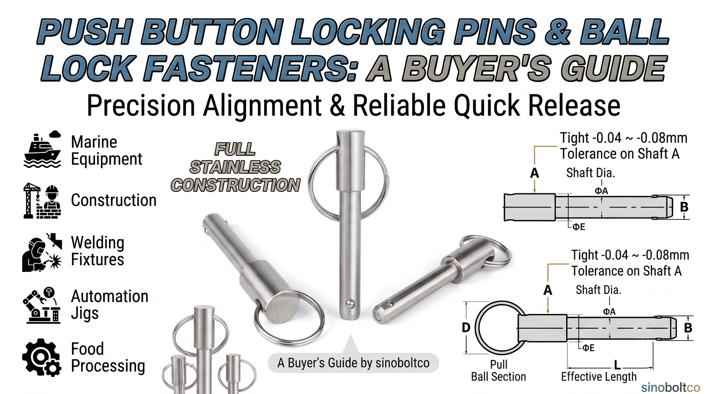 Informational infographic: sinoboltco SNBLP000006 stainless steel ball lock pin dimension guide and applications. Tight -0.04mm shaft tolerance and full stainless construction highlighted.