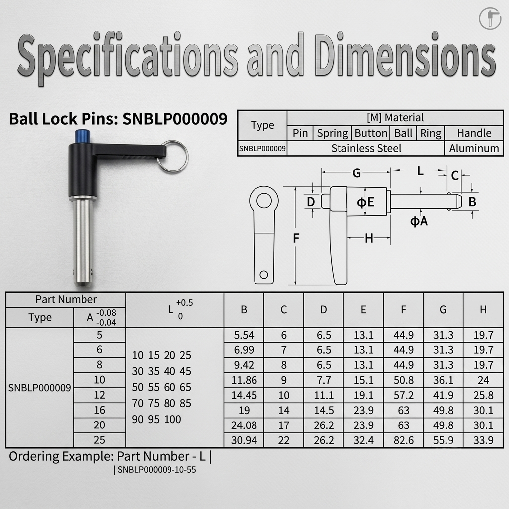 Sinoboltco SNBLP000009 L-handle quick release ball lock pin technical specification and dimension chart showing part numbers, tolerances, materials, and sizes.