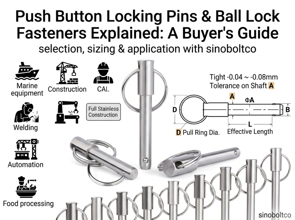 Informational infographic: sinoboltco SNBLP000006 stainless steel ball lock pin dimension guide and applications. Tight -0.04mm shaft tolerance and full stainless construction highlighted.