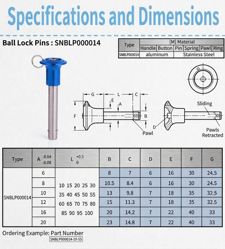 Engineering dimension drawing for snblp000014 quick release pin showing -0.04mm to -0.08mm shank tolerance