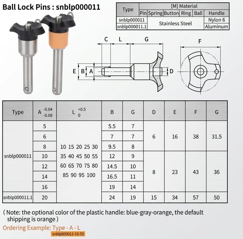 Dimensional schematic drawing for sinoboltco snblp000011 ball lock pin specifying shaft diameter A and grip length L