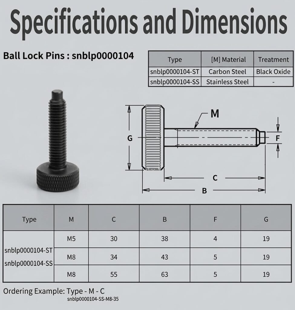 Technical drawing of sinoboltco snblp0000104 threaded ball lock pin with dimension marks B C F G M