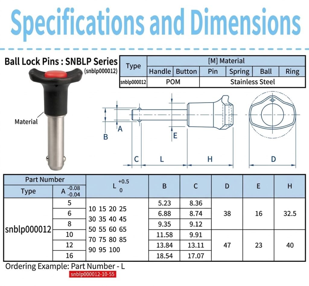 Technical specification drawing showing dimensions A B C D E H L for sinoboltco SNBLP ball lock pins