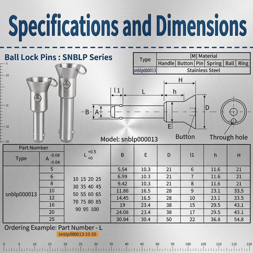 Technical engineering dimension drawing for sinoboltco snblp000013 ball lock pin showing grip length L and shank diameter A
