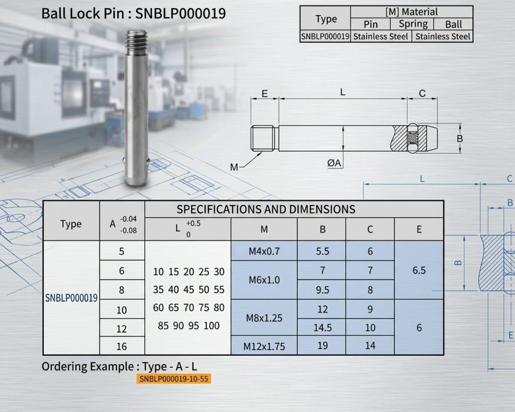 Technical dimensional drawing of snblp000019 threaded quick release pin showing diameter and grip length specifications