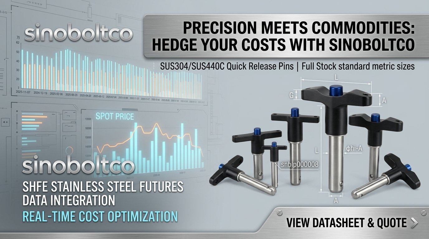 sinoboltco T-Handle Quick Release Ball Lock Pin snblp000008 Technical Marketing Poster integrating SHFE stainless steel futures data and strategic cost optimization.