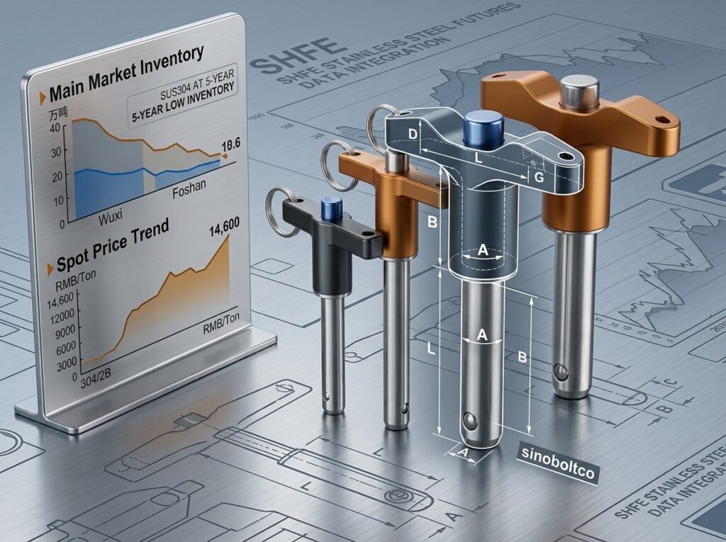 sinoboltco T-Handle Quick Release Ball Lock Pin snblp000008 Technical Marketing Poster integrating SHFE stainless steel futures data and strategic cost optimization.