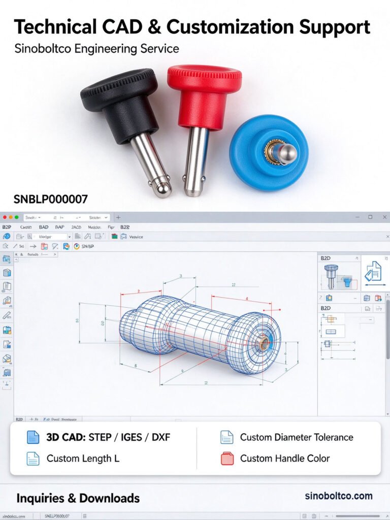 3D CAD STEP model download and custom pin length options for Sinoboltco SNBLP000007 ball lock pins